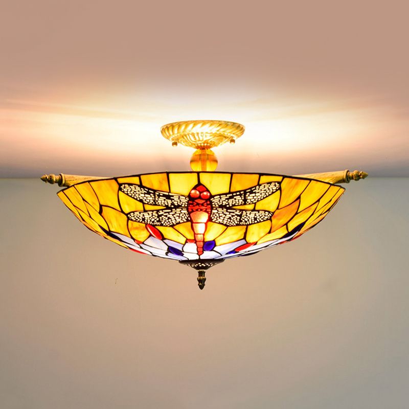 Buntglas Dragonfly Deckenleuchte Tiffany 5 Lichter Messing Halbflush -Leuchte für Schlafzimmer