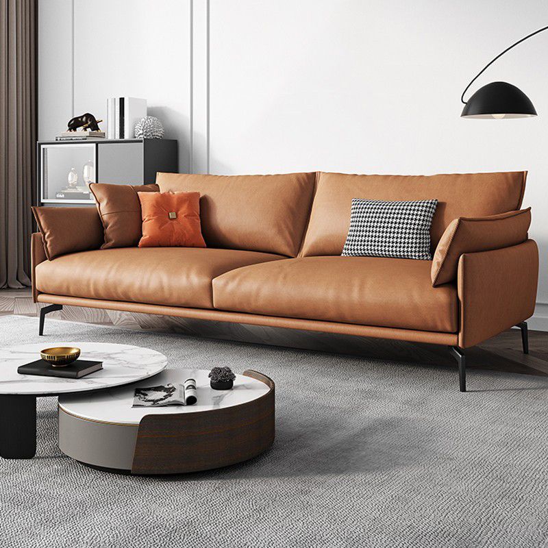 Leather Brown Settee Sofa Standard Square Arm Loveseat with Pillows