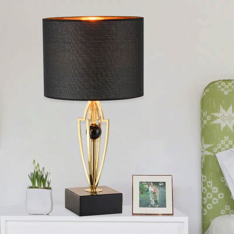 Fabric Drum Task Light Modernist 1 Bulb Black Small Desk Lamp with Square Marble Base