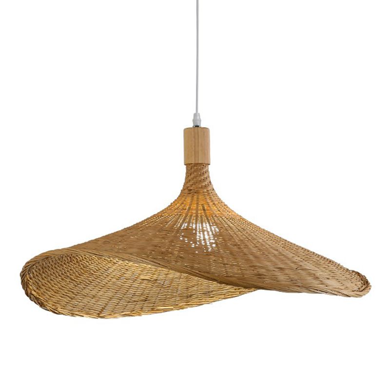 Hat Shaped Pendant Lighting Fixture Asian Bamboo 1-Light Wood Hanging Lamp for Tearoom