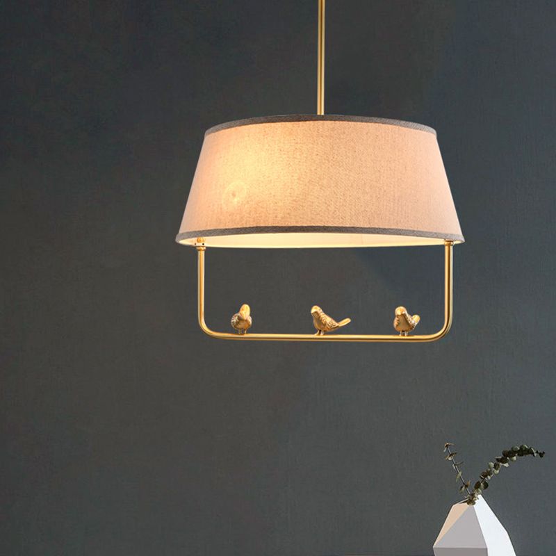 Fabric Beige Ceiling Chandelier Drum Shade 3 Heads Rustic Style Suspension Pendant with Bottom Stand and Bird Deco