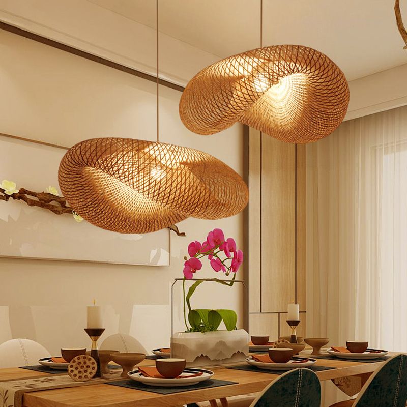 Hat Shape Dinning Room Pendant Lighting Fixture Bamboo Modern Hanging Lamp Kit in Beige