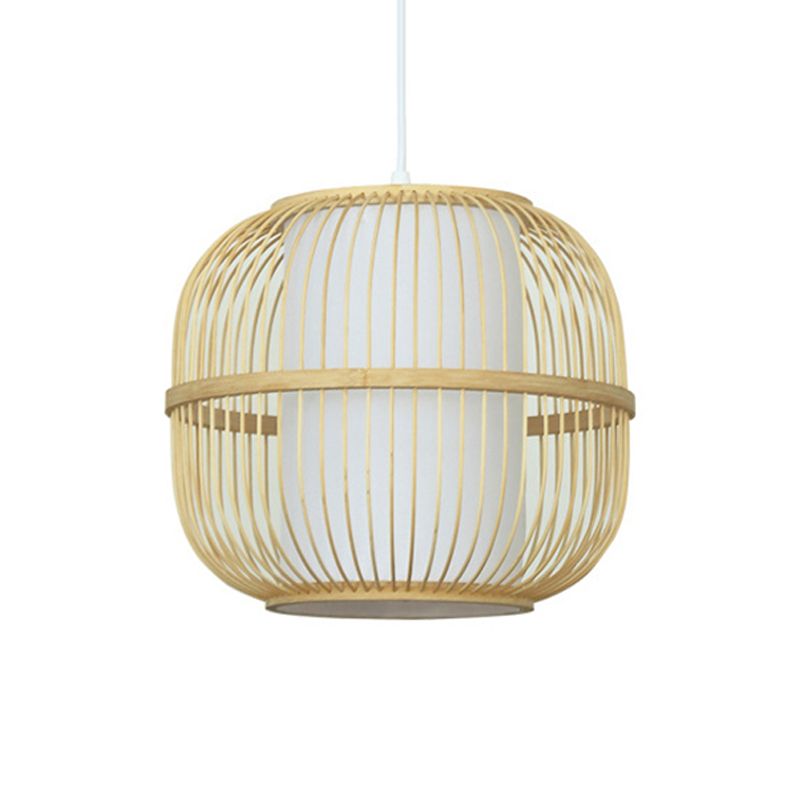 Beige Oblong Ceiling Fixture Contemporary Style 1-Light Bamboo Pendant Lamp with Inner Cylindrical Shade