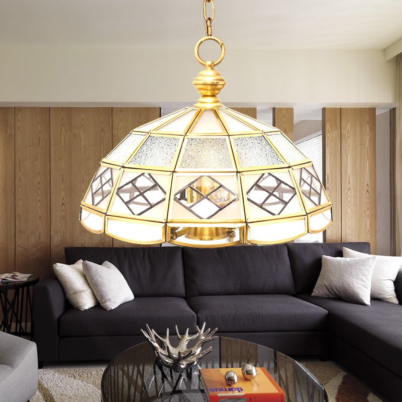 Brass Hemisphere Chandelier Colonial Frosted Glass 4 Bulbs Pendant Light Fixture for Living Room