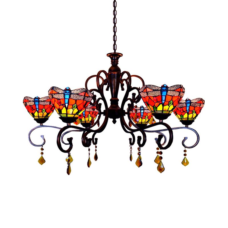 Tiffany Dragonfly Chandelier Stained Glass 6 Lights Stunning Hanging Pendant in Red