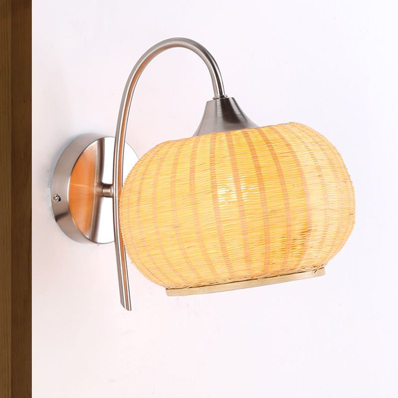 Beige Pumpkin Wall Lighting Asian 1 Head Bamboo Sconce Light Fixture with Metal Curvy Arm