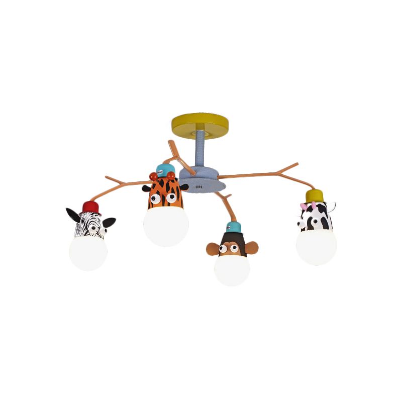 White Glass Animal Ceiling Light Kids 4 Bulbs Yellow Semi Flush Mount Lighting for Nursery