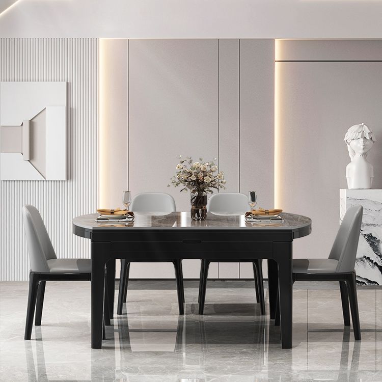 Modern Round Grey Stone Top Extendable Retractable Dining Table with 4 Rubberwood Black Legs