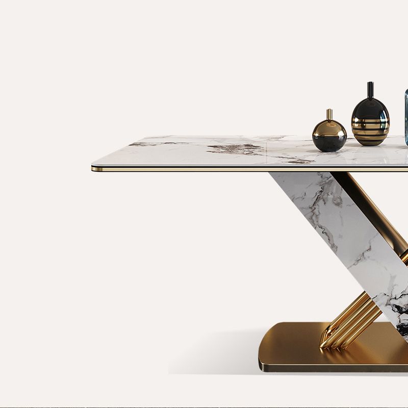 Traditional Luxury Style Dining Table Rectangle White Sintered Stone Table with Gold Frame