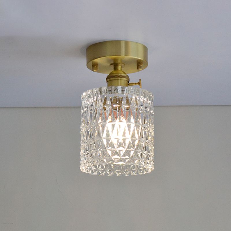 Brass Finish 1-Head Ceiling Mounted Light Minimalist Carved Glass Shaded Semi Flush Mount Lamp for Corridor