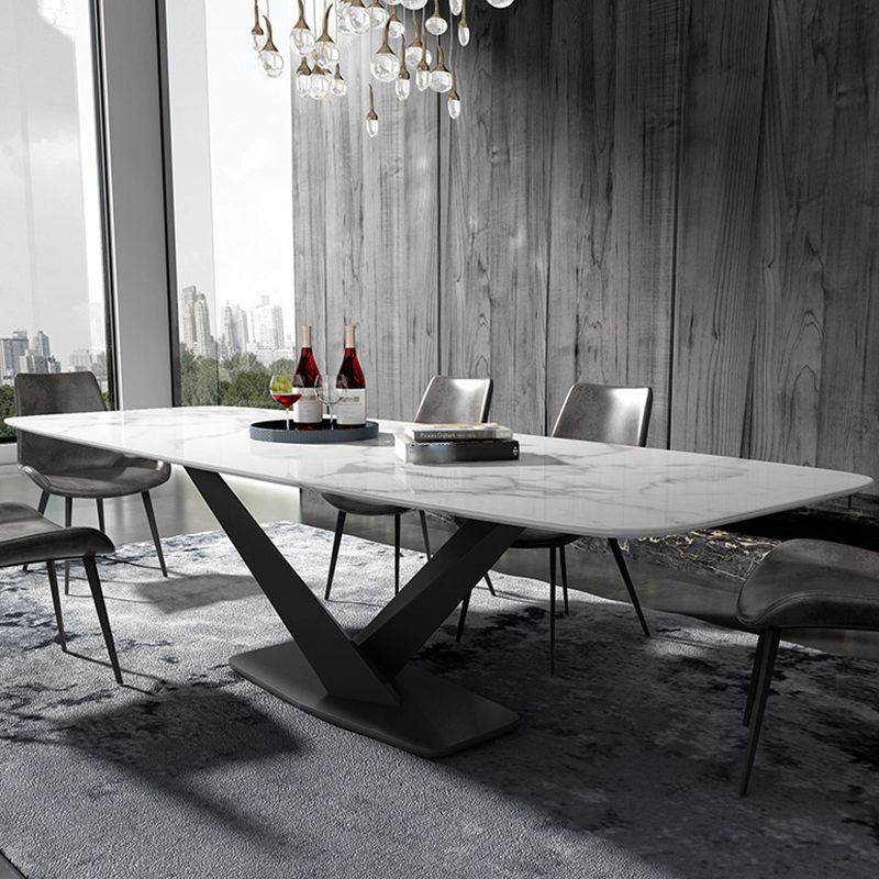 Ensemble de table à manger en pierre fritrée moderne avec table rectangle et jeu de restauration formelle de base de piédestal