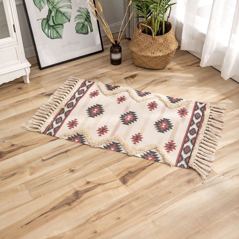 Bohemian Multi-Color Rug Americana Print Area Carpet Fringe Cotton Blend Rug for Home Decor