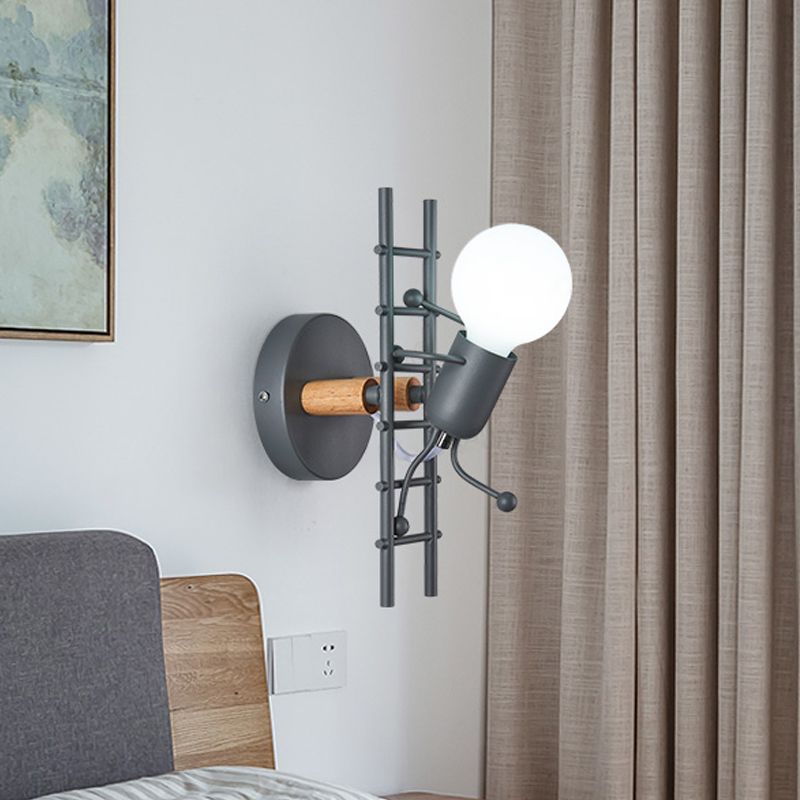 Cartoon Bare Bulb Wall Light Fixture Metal Gray/White/Green 1 Head Indoor Wall Mount Light with Little People Decoration