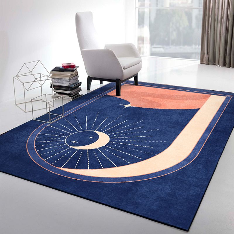Blue Moon Pattern Rug Polyester Modern Rug Washable Anti-Slip Pet Friendly Area Rug for Living Room