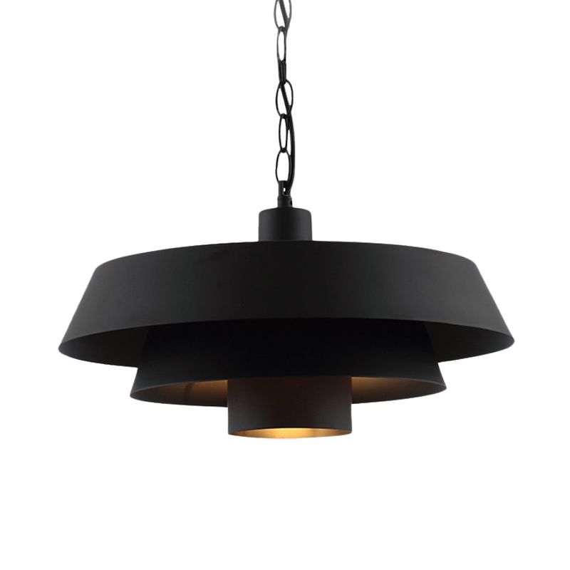 2-Layer Pan Restaurant Pendant Vintage Iron 1 Head Black Finish Ceiling Hang Fixture