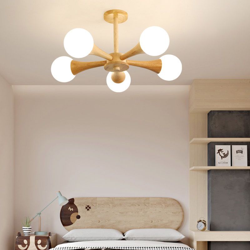 Modern Ceiling Lamp Simplicity Wooden Bedroom Chandelier with White Glass Shade