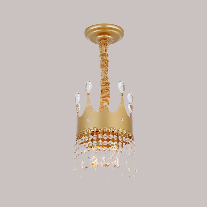 Crown Bedroom Chandelier Metallic 2/4/6 Heads Kids Pendant Light Fixture in Gold with Crystal Drop Deco