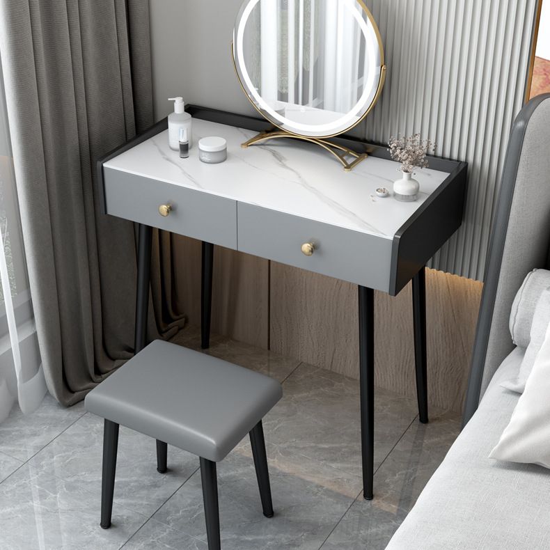 Contemporary Stone Vanity, Storage Drawer With Stool, Black/White