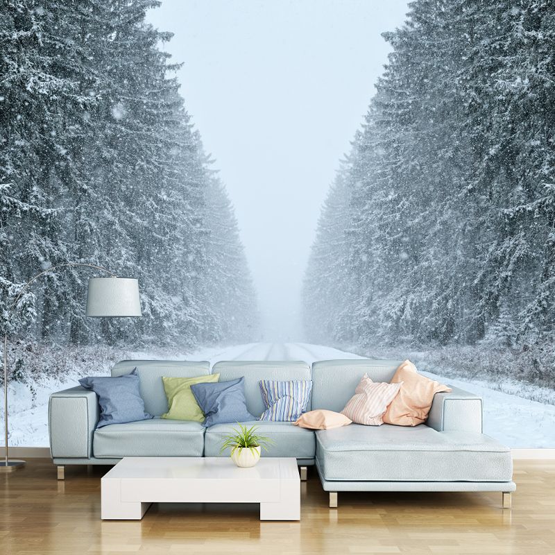 Snowy Road to Unknown Mural Contemporary Smooth Wall Art in White for Living Room