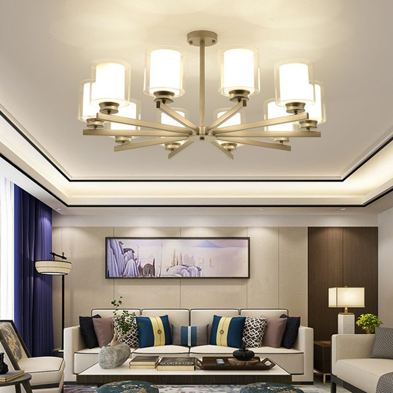Double-layer Glass Shade Chandelier Lighting Fixture Traditional Style Cylindrical Pendant Hanging Light in Champagne Silver