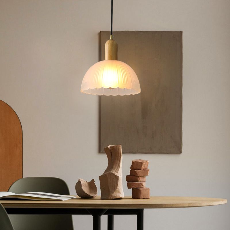Nordic Grosted Glass Bowl Pendant Light Light 1-Light Wood Blowing Lamping for Dining Room