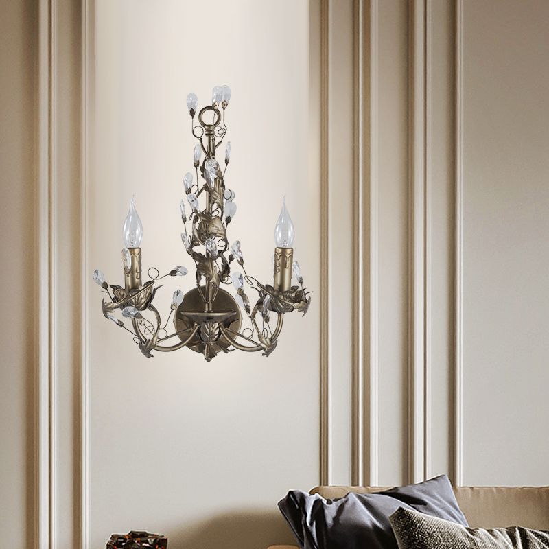 Metal Rust Wall Light Fixture Candelabra 2 Lights Vintage Sconce Light with Crystal Accent