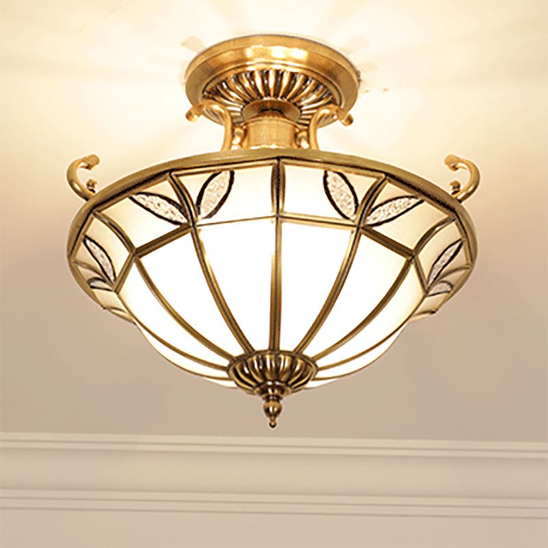 Brass 3 Heads Semi Flush Light Colonialism Sandblasted Glass Dome Ceiling Fixture for Porch