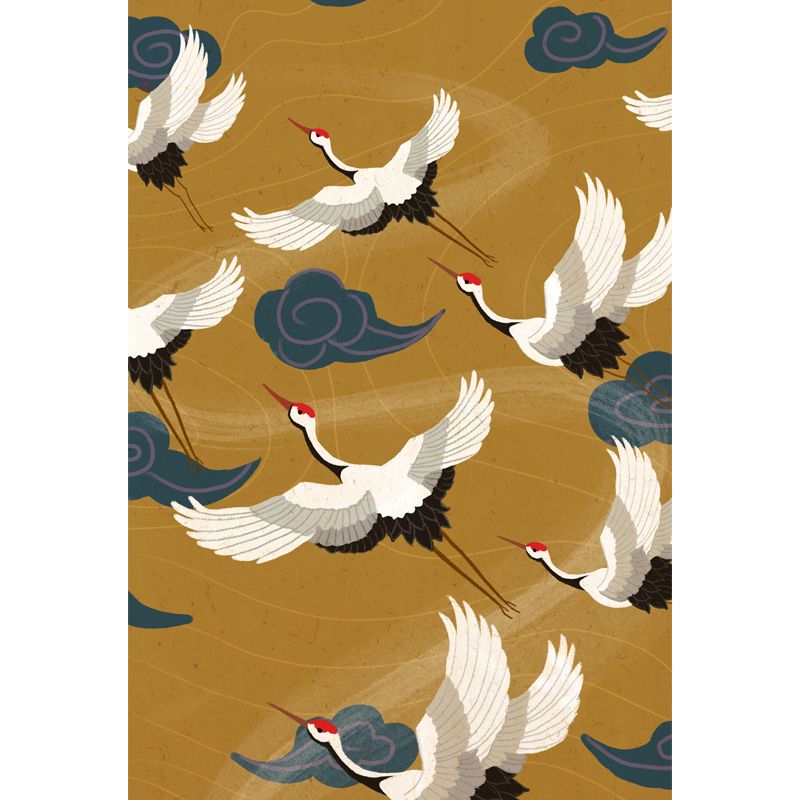 Oriental Flying Cranes Wall Mural in White on Yellow Waterproofing Wall Covering for Home