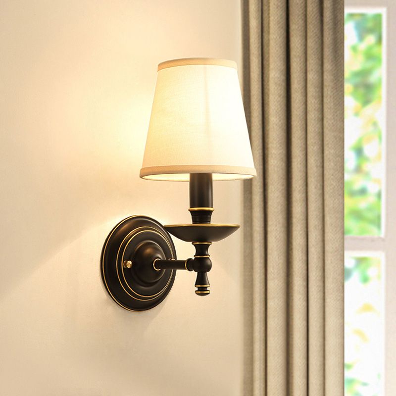 Single-Bulb Wall Sconce Vintage Candlestick Metal Wall Mounted Lamp with Tapered Fabric Shade in Black