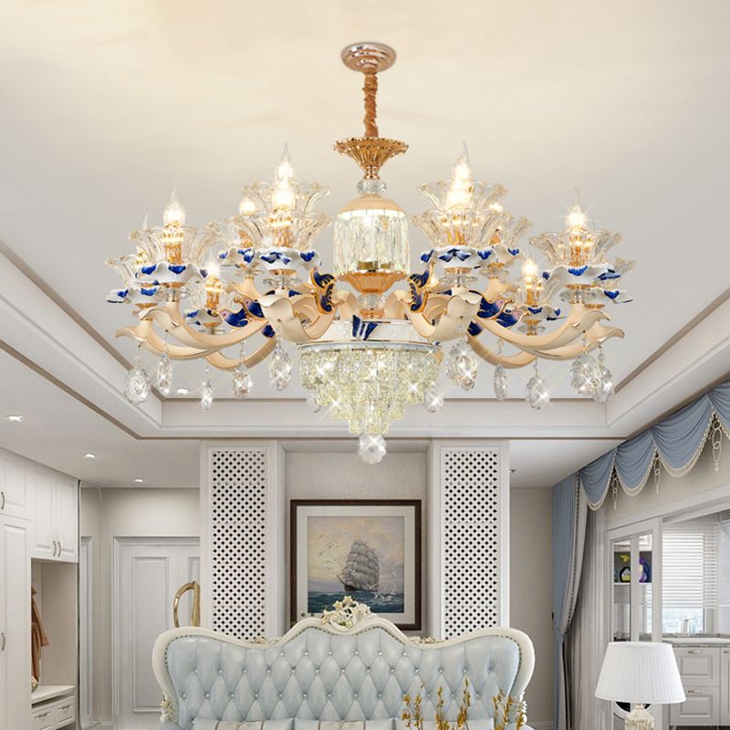 Clear K9 Crystal Flower Chandelier Traditional Dining Room Hanging Ceiling Light with Ceramic Decor