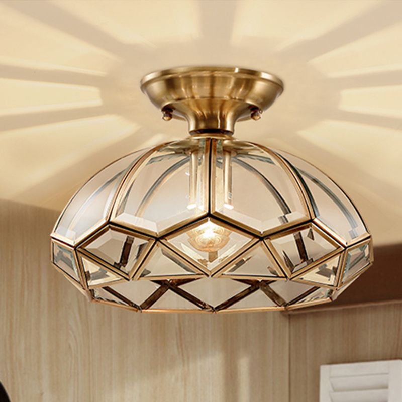 Shaded Aisle Semi Mount Lighting Vintage-Style Glass Brass Ceiling Mounted Light