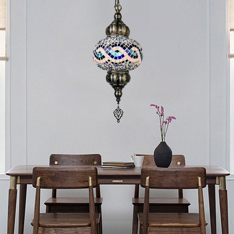 1 Head Cut Glass Ceiling Pendant Light Traditional Beige/Yellow/Blue Oval Dining Room Hanging Light Fixture