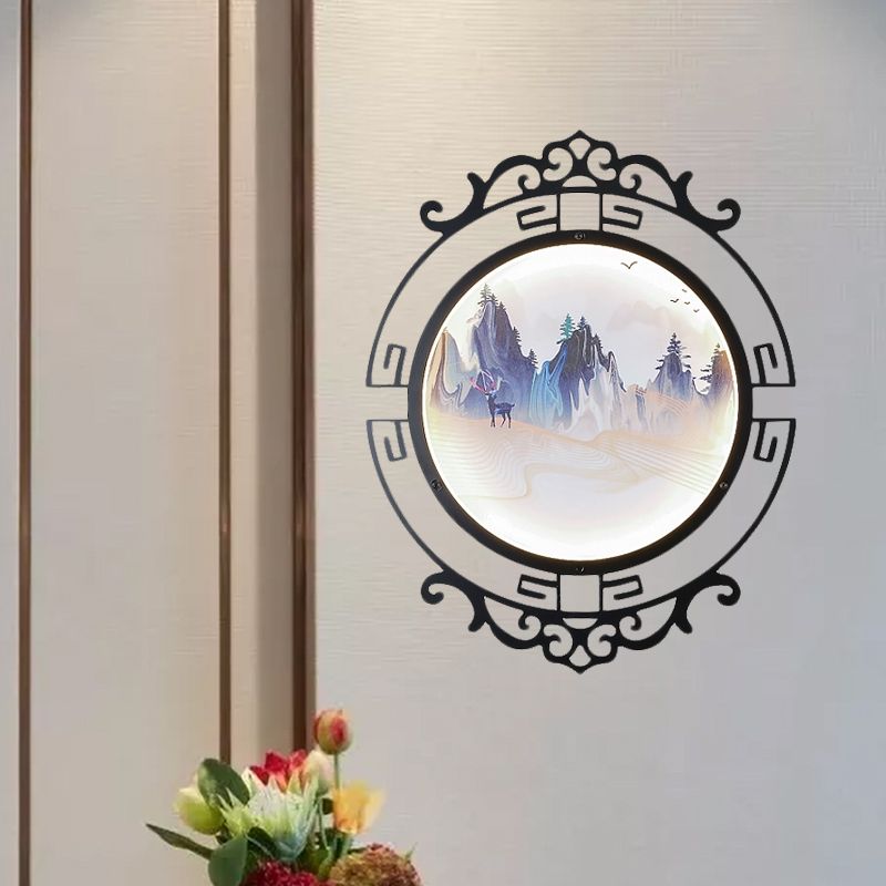 Elk and Mountain Study Room Mural Lamp Metal Asian LED Wall Light Fixture with Scroll Frame in Black