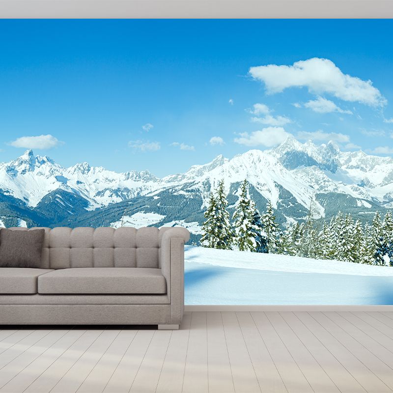 Huge Snow Scenery Mural Modern Beautiful Pine Tree and Road Wall Covering in Blue-White