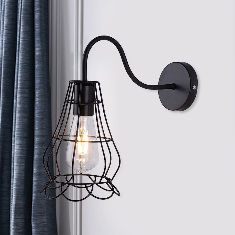Metallic Black Finish Sconce Wall Light Wire Cage Shade 1 Light Retro Style Wall Mount Light for Bedside