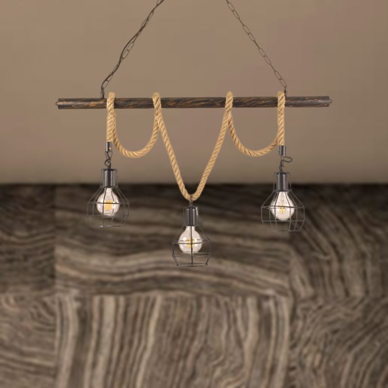 Global/Bottle Restaurant Island Pendant Light Iron 3 Lights Retro Style Black Ceiling Light with Hanging Rope