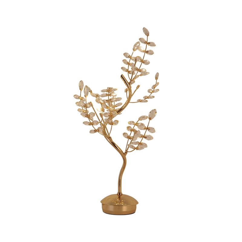 Leaf Sleeping Room Desk Light Cut Crystal 6-Bulb Contemporary Night Lamp with Tree Design in Gold