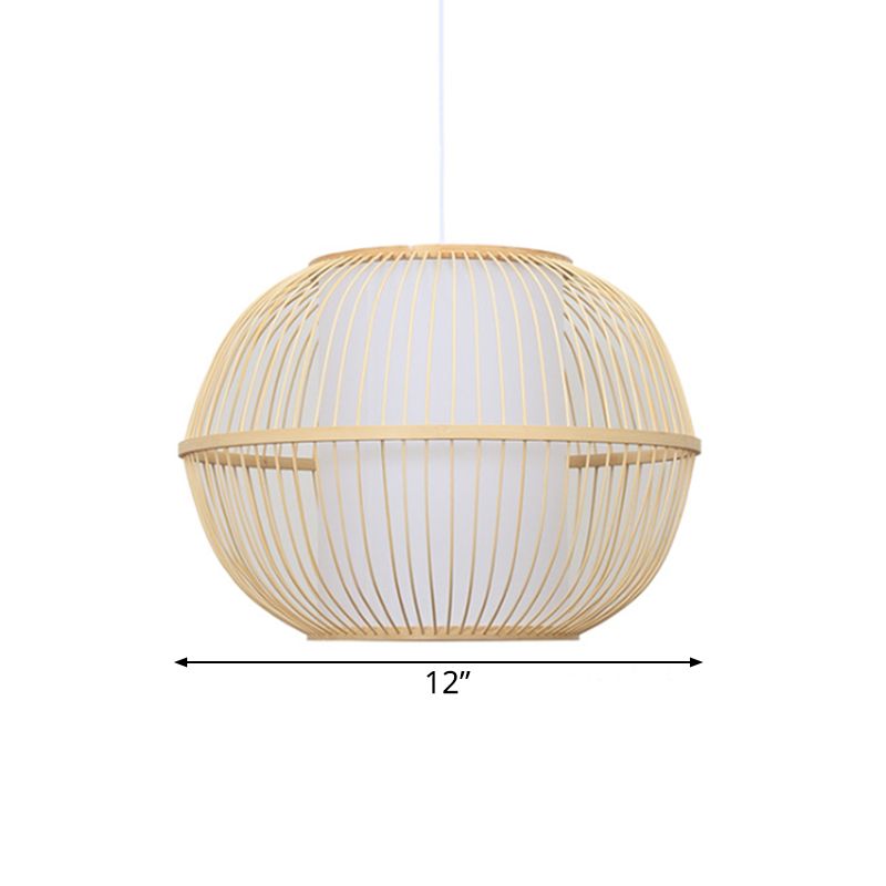 Bamboo Handmade Hanging Light Fixture Asian Style 12"/14" W 1-Light Beige Suspended Lamp with White Cylinder Inner Shade