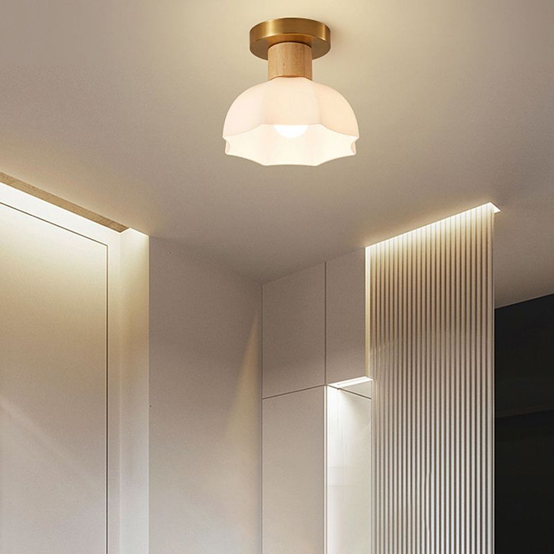 Modern Ceiling Light Wooden Flush Mount Ceiling Light Fixture with Glass Shade