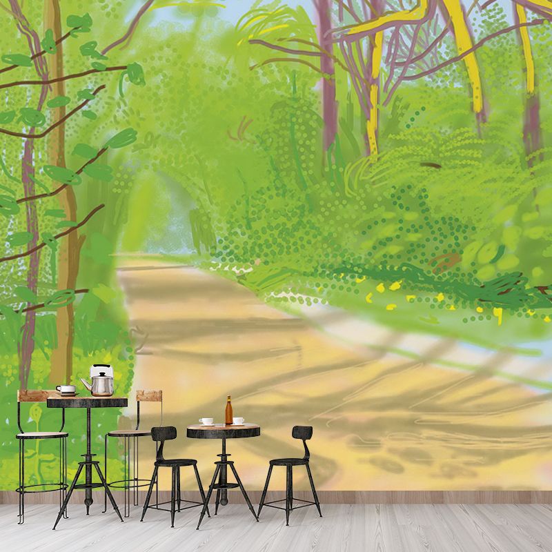 Modern Art Forest Path Murals Wallpaper in Yellow-Green Living Room Wall Decor, Custom Size