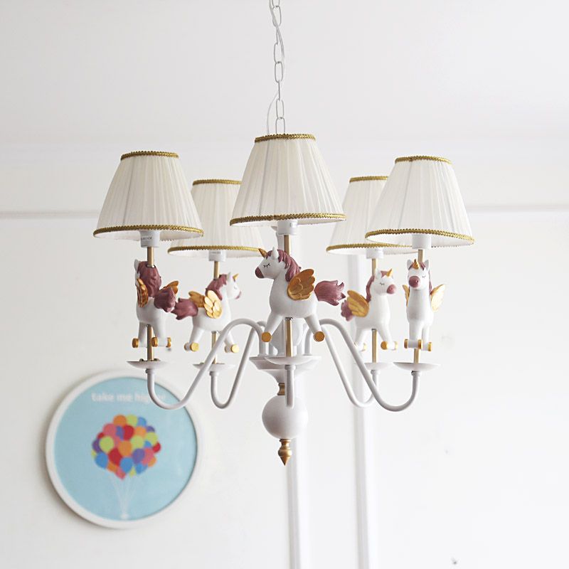 Kids White Pendant Light Unicorn 5 Bulbs Metal Chandelier with Fabric Shade for Girls Bedroom