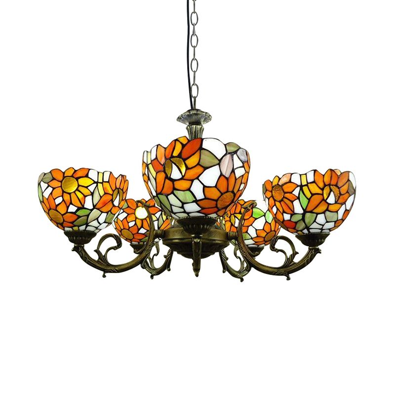 Orange Sunflower Hanging Light Rustic Style Tiffany Stained Glass Chandelier for Dining Room