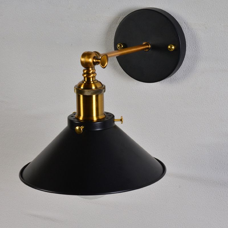 Rolled-Edge Cone Kitchen Wall Lamp Countryside Metal 1 Bulb Black/White-Brass Wall Mount Lighting with Adjustable Joint