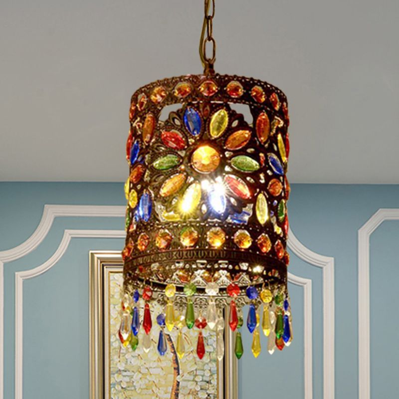 Metalen trommelschaduw hanglamp lamp Bohemenstijl 1/3-licht hangend plafondlicht in verweerd koper, 6,5 "/16" breed