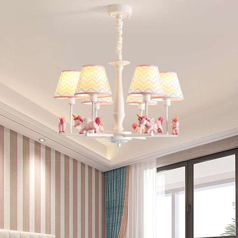 Patterned Fabric Tapered Chandelier Pendant Light Cartoon Pink Hanging Light with Unicorn Decor