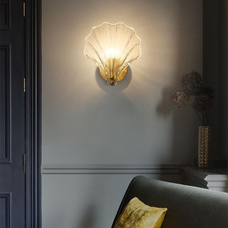 Solid Brass and Glass Wall Sconce 1 - Light Shell Shape Wall Light in Gold