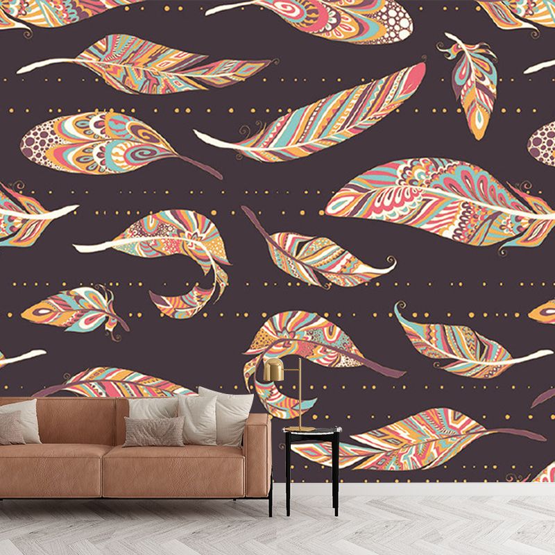 Illustration Colorful Feather Murals Wallpaper for Bedroom, Brown, Made to Measure