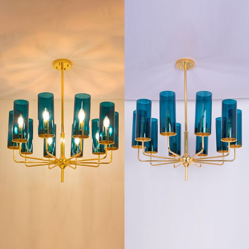 Glass Cylinder Hanging Light Fixture Contemporary Style Ceiling Chandelier in Blue