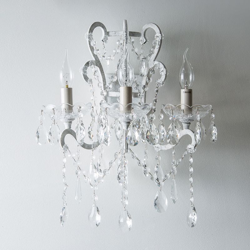 3 Heads Wall Light Antique Candlestick Metallic Wall Lighting Fixture with Crystal Accent in White