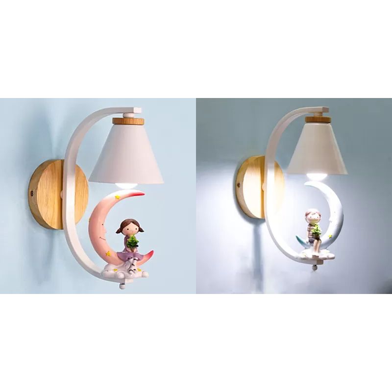 Funnel Shade Wall Light con Little Kid Deco 1 Testa adorabile Sconce da parete in metallo per camera da letto per bambini